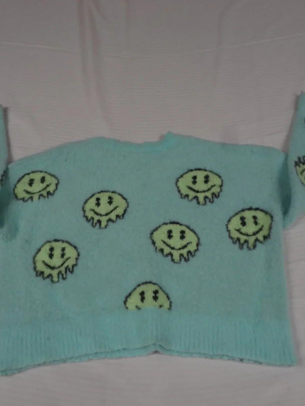 JUSTICE GIRLS SWEATSHIRT PULL OVER SWEATER MELTING SMILEY FACES BLUE XS 5/6 L793
